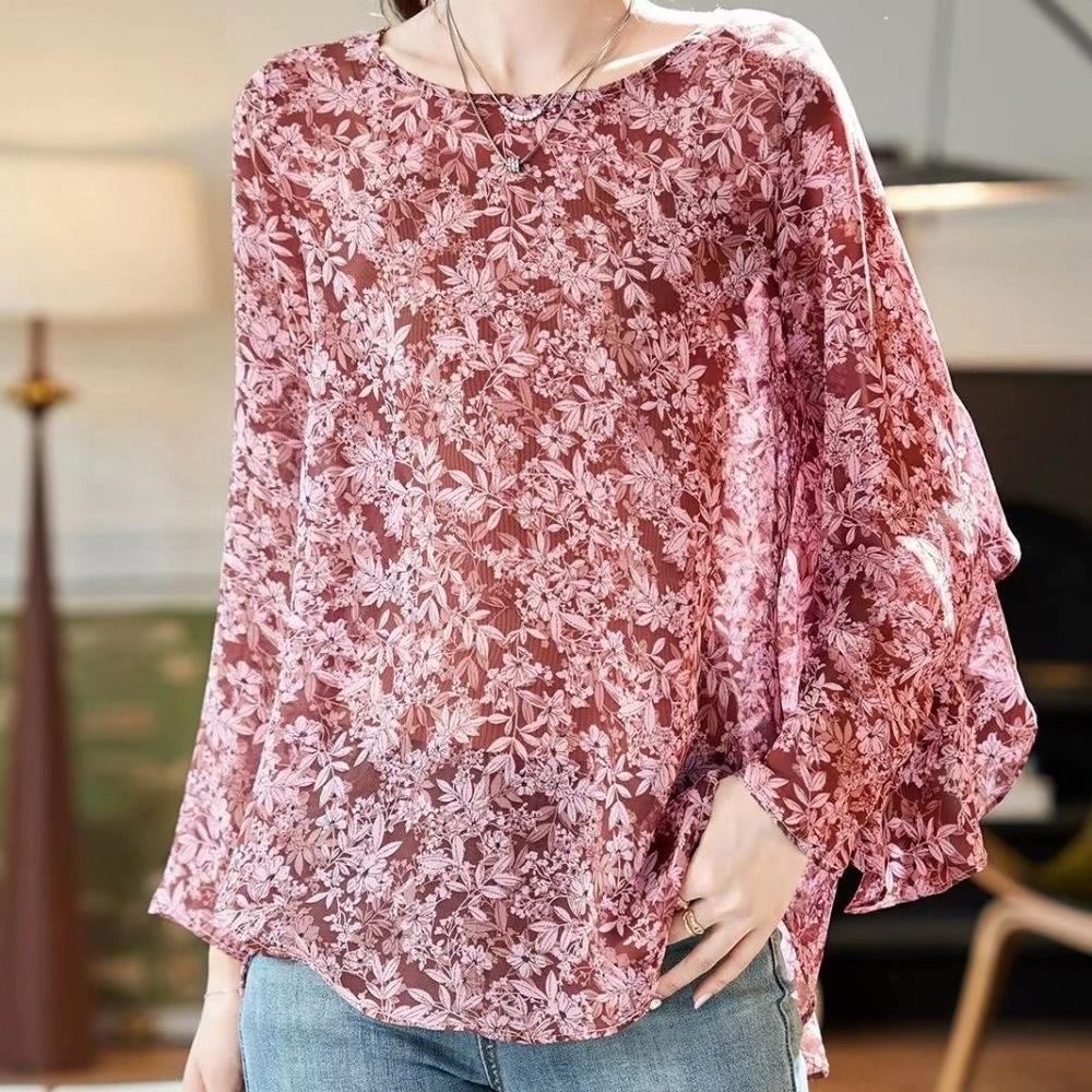 Round Neck Printed Trendyable Long-sleeved Chiffon Top In Autumn Style Thin Sun Protection Versatile Everyday Top