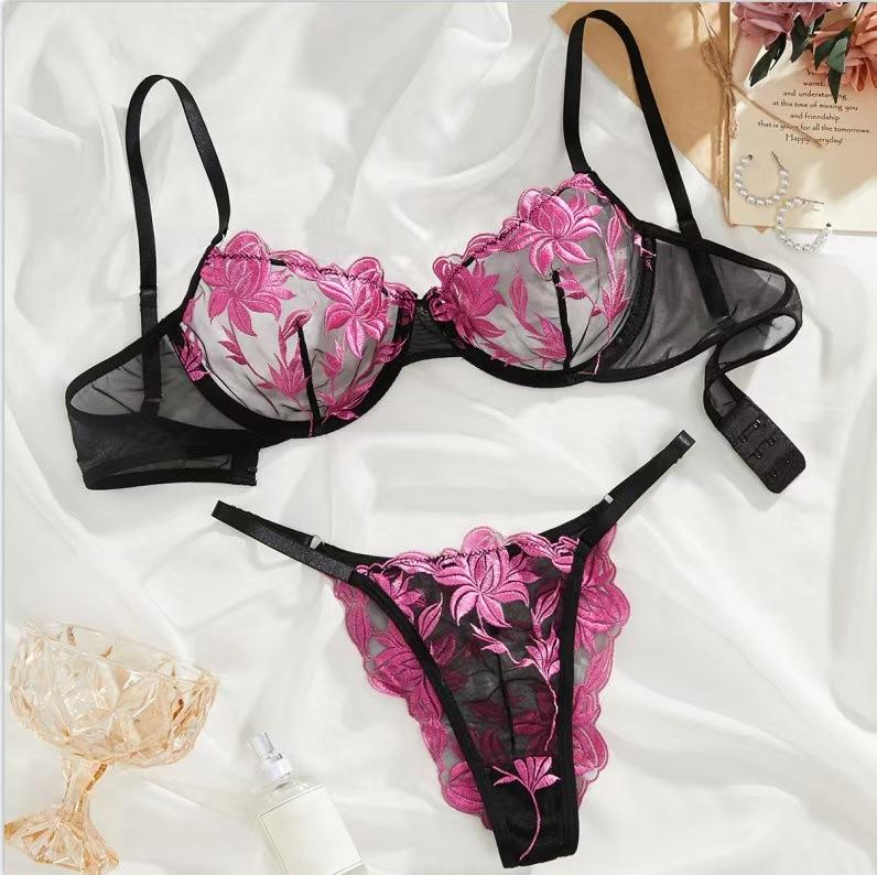 Sexy Lingerie Embroidered Flower Women's Perspective Mesh Bra Sexy Bra Panty Set
