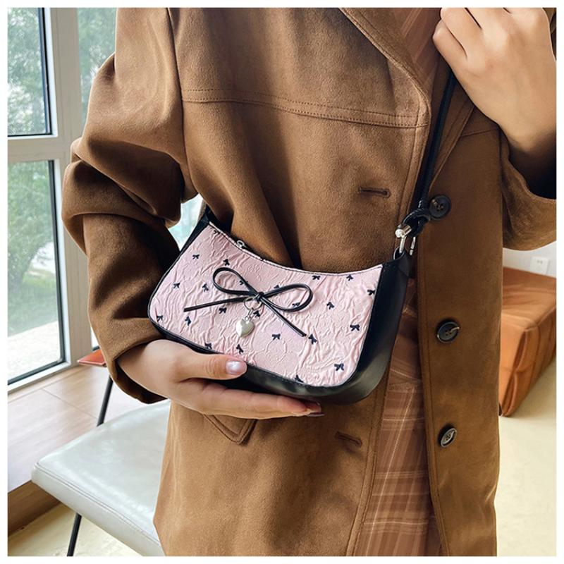 1Pcs New Fashionable And Versatile Texture Light Luxury Single Shoulder Small Square Bags Y2K Pink Bow Armpit Bag For Women