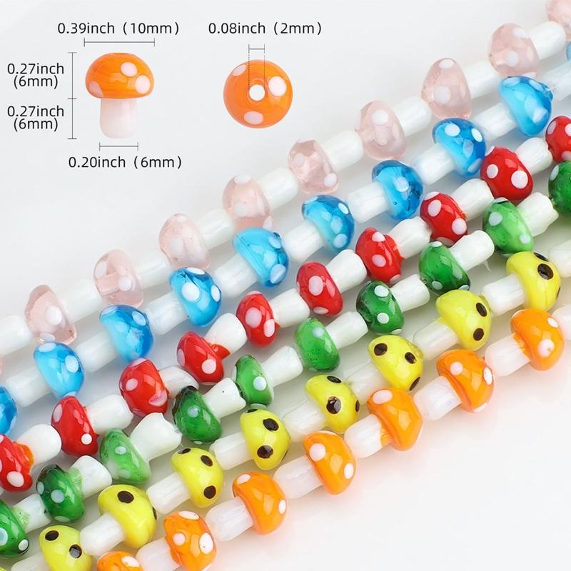 120X Mixed Mushroom Charm Bead Spacer Loose Beads with Clear Elastic Thread Pendant Hook for Jewelry Making DIY Supplies