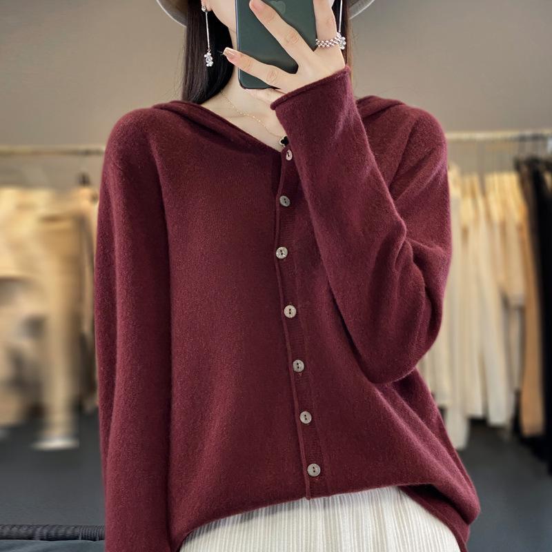 Women's 100% Wool Hooded Cardigan - Versatile Autumn/Winter Pure Color Knit Jacket