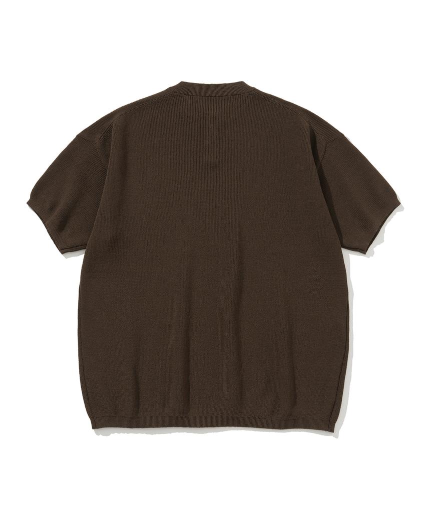 KNITTED Coolever Henley Neck Short Sleeve Knit Brown