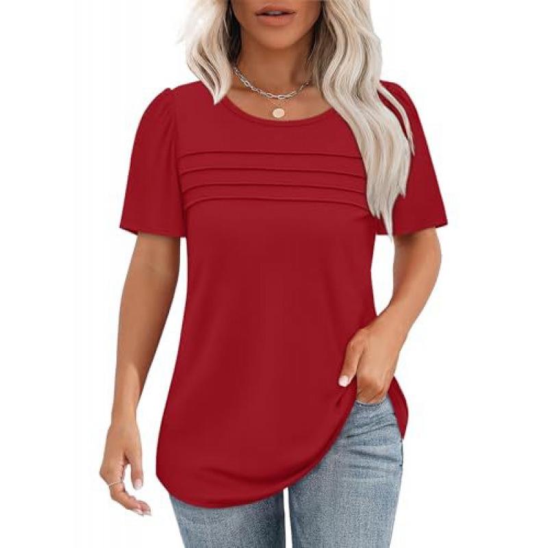 Women's Casual Pleated Loose T-shirt, Round Neck, Short Sleeve, Summer 2026 Collection