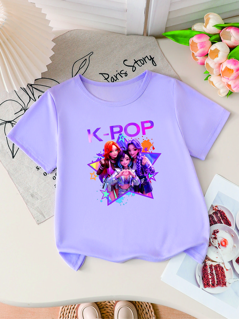 Kids Pure Cotton Round Neck Tshirt 2026 Summer Girls Top Harajuku Style Kpop Childrens Shortsleeved Cartoon Girls Clothing