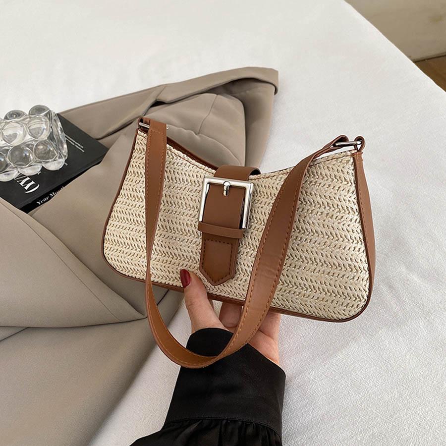 

Fashiable Straw Woven Women s Bag Summer Beach Vacati Ctrast Color Beach Bag Trendy Crossbody Underarm Bag хаки