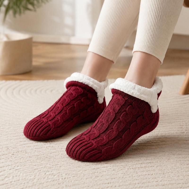 Warm Indoor Floor Socks with Cable Texture, Plush Lining and Traction Dots for Walking Around the Home in Cool Weather