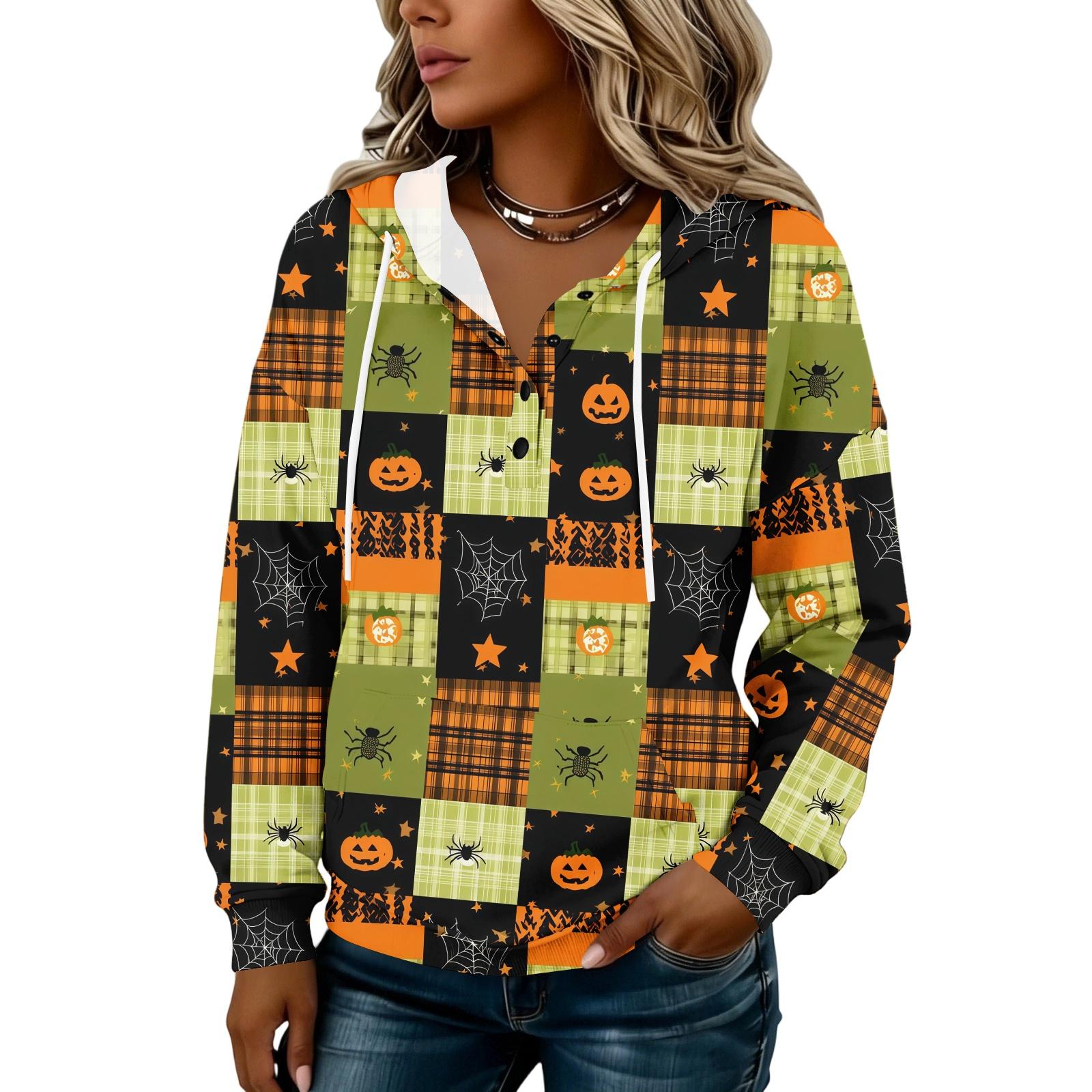 Women s Fashion Button Front Hoodie with Halloween Print Pullover Sweatshirt for Casual Everyday Wear S зелёный