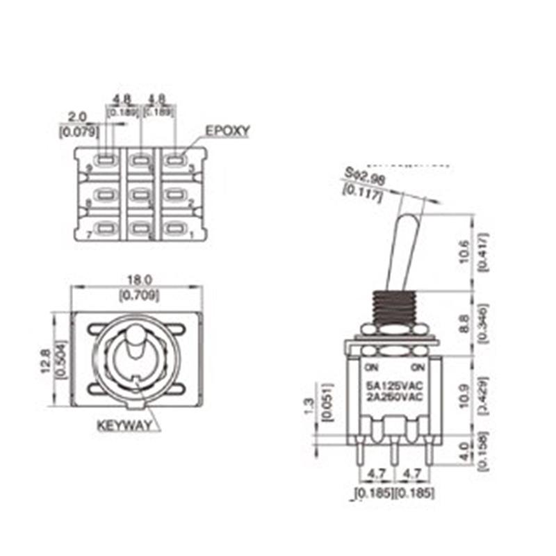 MTS-302 Schalter 9-Pin Kippschalter Rot 2/3 Position ON-ON DPDT Mini-Kippschalter 5A/125V-2A/250V AC MTS-402 Druckschalter
