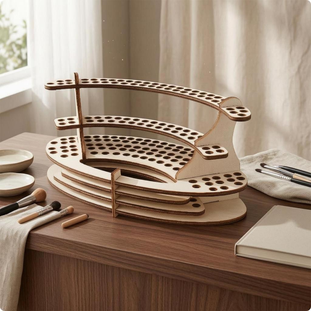 Wood Brush Rack Curved Perforated Tier Handmade OpenFrame Display Stand