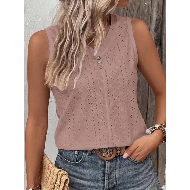 QICED Women's Fashion Casual Solid Color Print Sleeveless V-Neck Blouses & Shirts