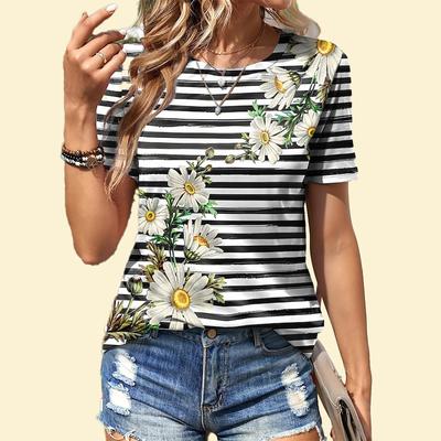 Tricou cu imprimeu cu floarea-soarelui în dungi pentru femei la modă