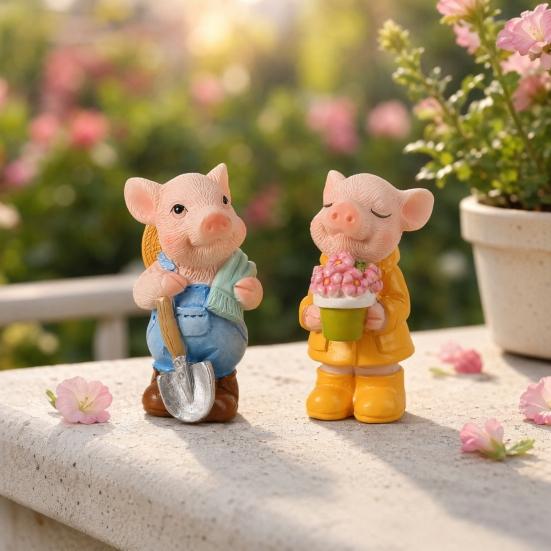yangyizhi 2PCS Micro Landscape Ornaments, Mini Pig Figurines, Durable Resin Waterproof for Potted Plant Landscaping