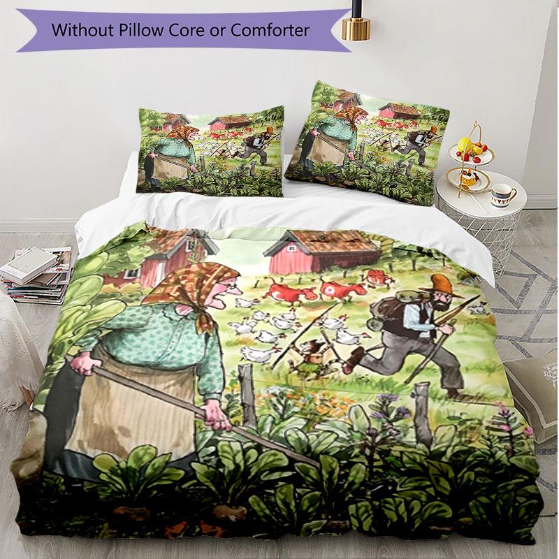 3pcs Duvet Cover Set (1*Duvet Cover + 2*Pillowcase, Without Core), Pettersson und Findus Print Soft All‑Season Bedding Set, Home Bedroom Decor Gift