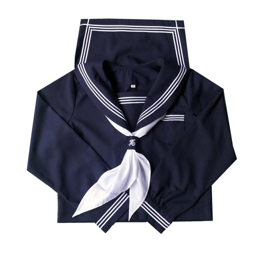 [FULL CHECK] Sailor Suit, Authentic School Uniform Costume with Pleated Skirt (XL, Navy Blue (Long Sleeve Top + Scarf + 80cm Skirt))