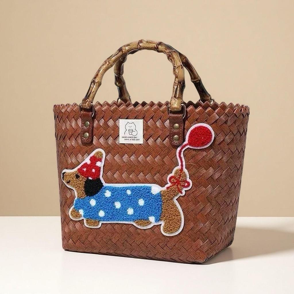 Handgefertigte bestickte Dackel gewebte Handtasche und Aufbewahrungskorb