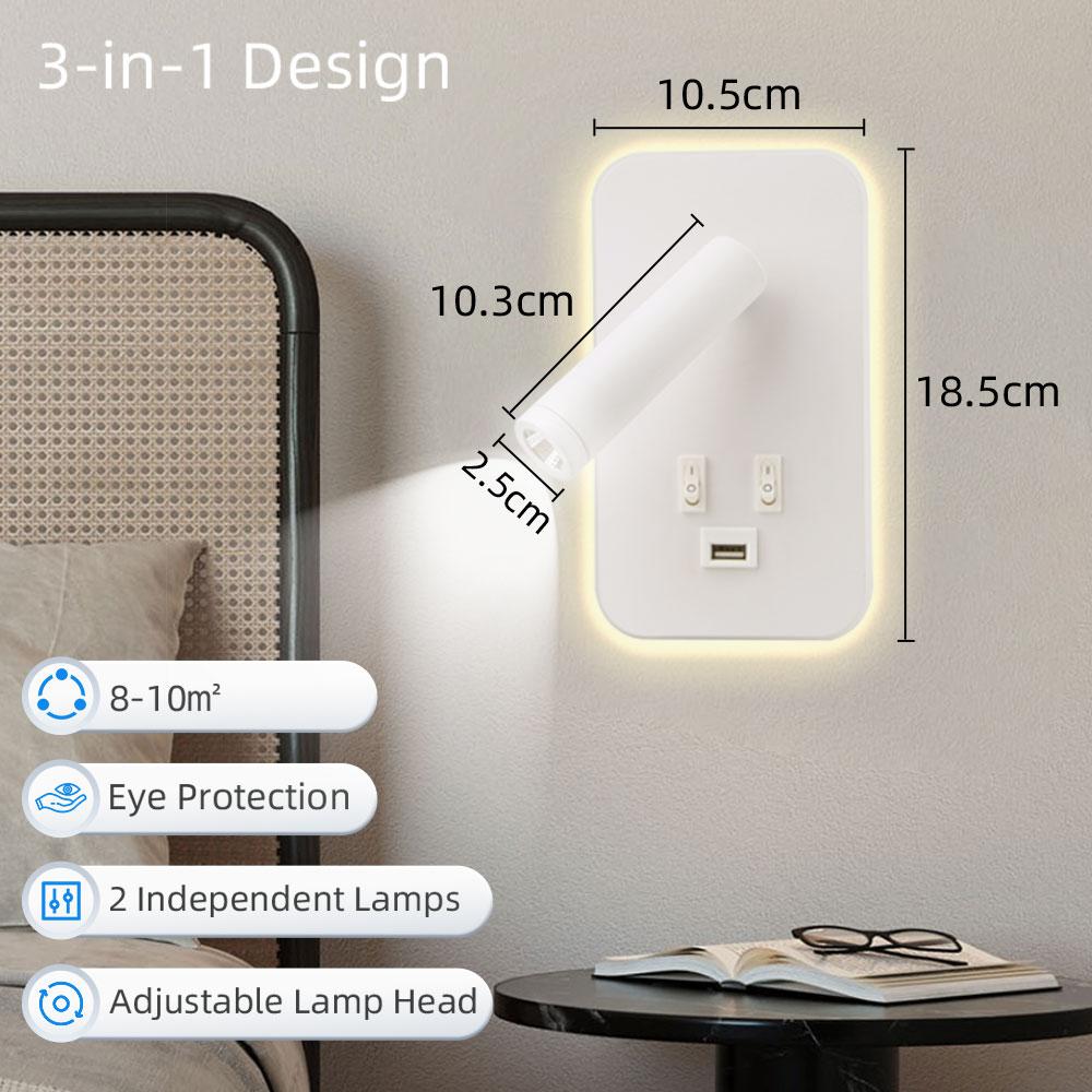 

Прикроватный настенный светильник с USB-выключателем и портом для зарядки, светодиодный вращающийся светильник для чтения, настенный прожектор, декор для спальни, прикроватной тумбочки, коридора AC85-265V