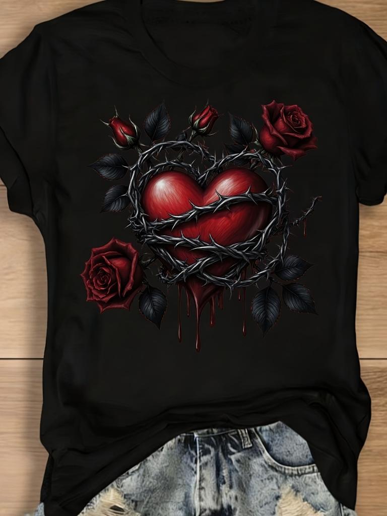 Gothic Heart Rose T-Shirt - Black Vintage Tee with Dark Red Bleeding Rose and Barbed Wire Heart Prin