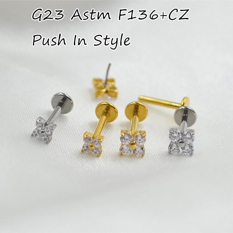 Titanium G23 ASTM F136 Push-in Labret Stud with Inlaid Zircon for Ear Cartilage Piercing