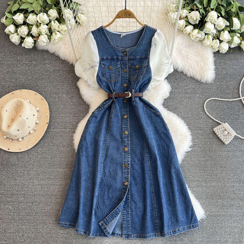 

Лиоцелл Деним Платье Летнее Платье 2025 Новое Лоскутное Пышные Рукава Облегающая Талия Миди Длины Длинное Ниже Колена Большого Размера Юбка Blue 2XL