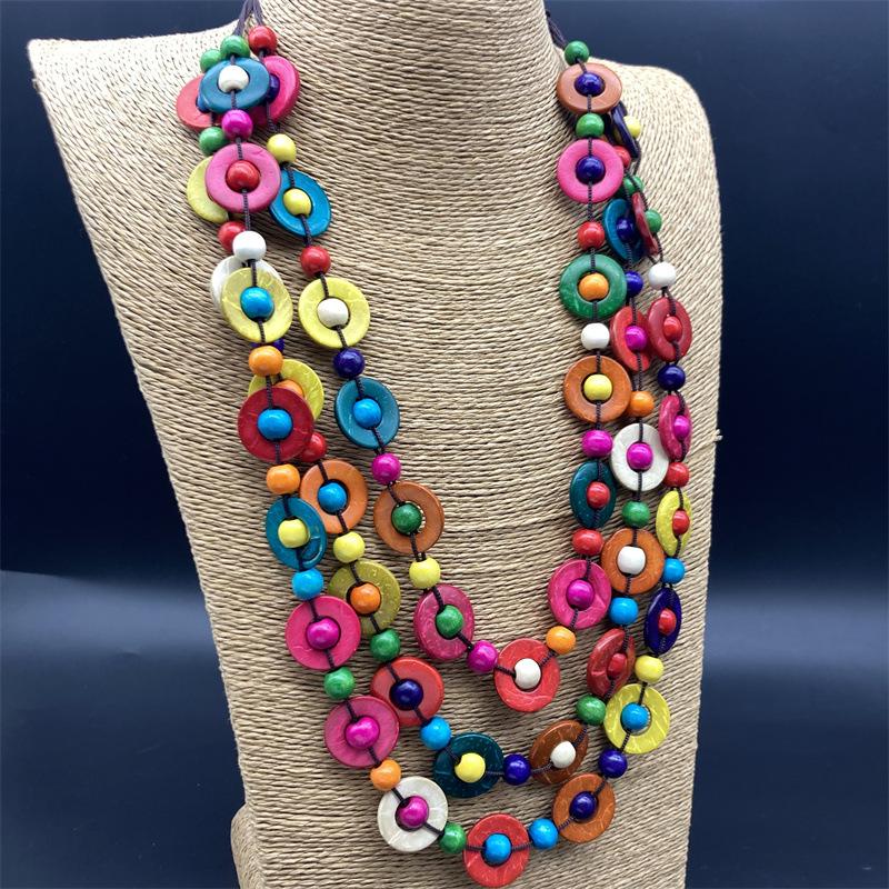 Retro Ethnic Beaded Wood Necklace - In Stock