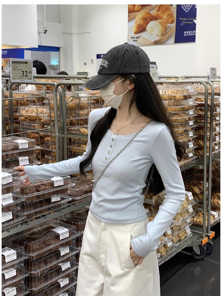 Korean Style Macaron Blue Velvet Long-Sleeve Pleated Waist Shirt for Women