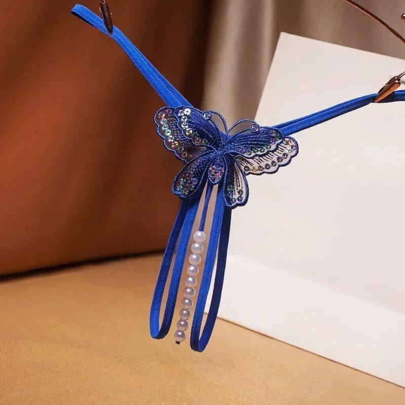 Embroidery Black Butterfly G-String Lace with Pearl Thongs T Back Temptation Open Crotch Panties for Women Sexy Erotic Costume