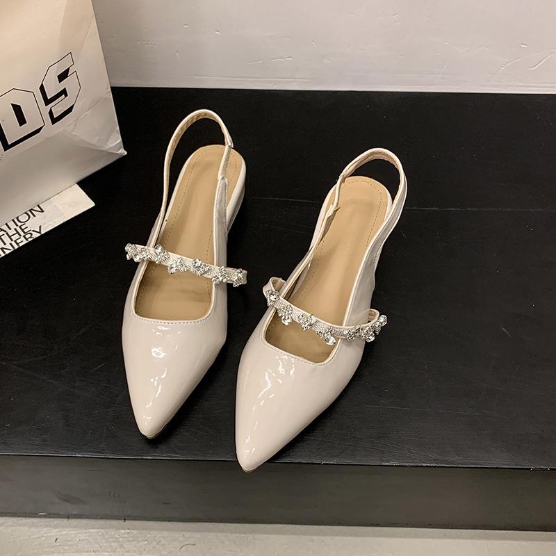 One word with rhinestone sandals women's summer new bag head half drag flat shoes pointed single shoes women's outer wear