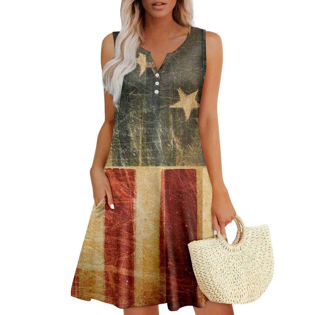 Damskie letnie sukienki, luźne, bez rękawów, dekolt w serek, sukienki letnie z kieszeniami