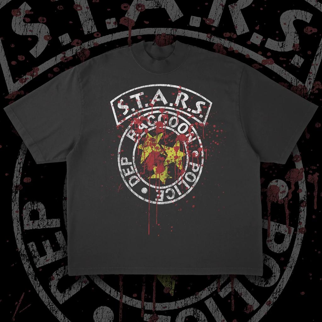 Resident Evil Bloodsoaked STARS Badge Printed Short Sleeve Mens and Womens Summer Cotton Loose Fashion Round Neck Tshirt