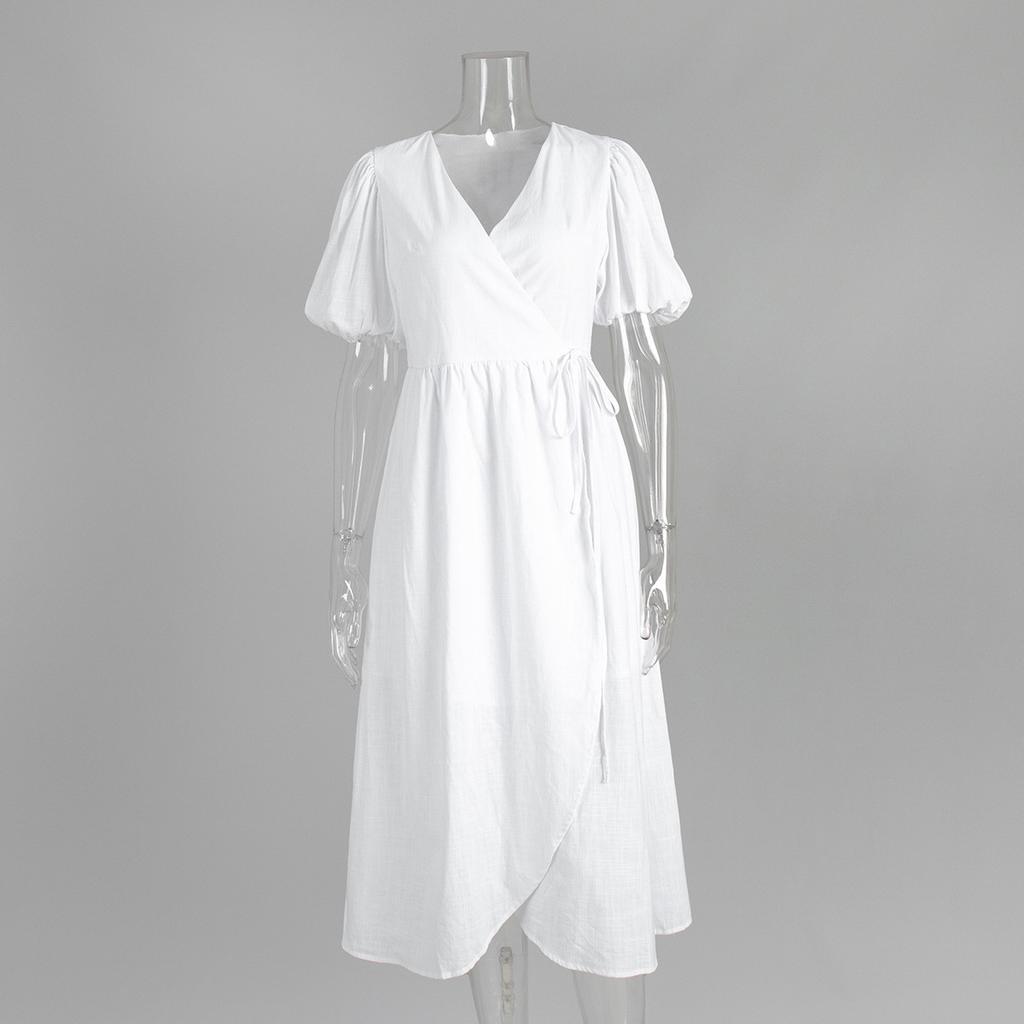 Pure cotton lace-up five-quarter-sleeved long dress, European and American spring and summer new bubble-sleeved dress, long dress for women