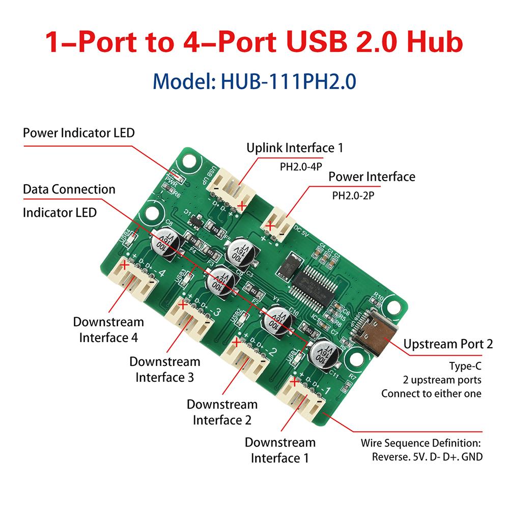 1 to 4 Port USB 2.0 HUB Splitter USB 2.0 Hub expansion Module XH2.54 PH2.0 480Mbps transfer rate DC 5V independent power supply