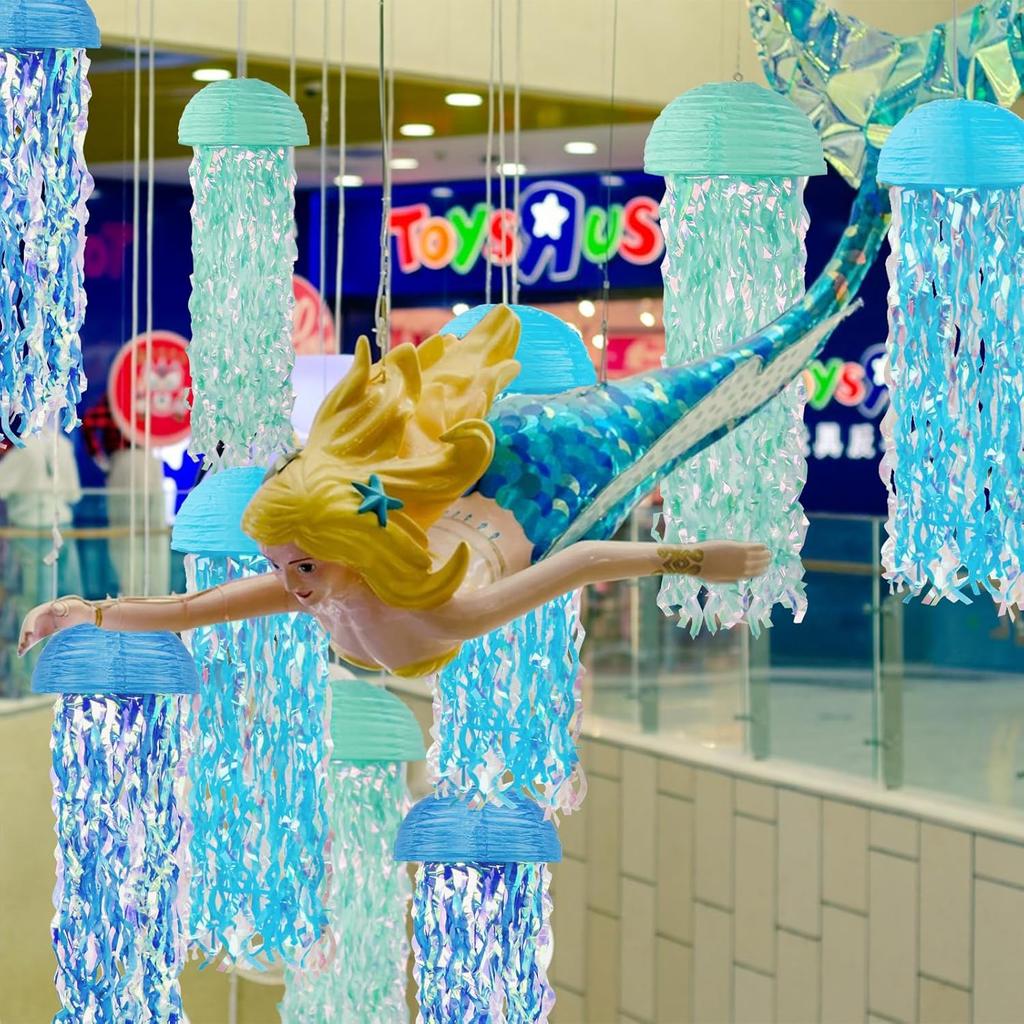 Jellyfish Paper Lanterns Hanging Jelly Fish Paper Lanterns, 6 Packs Blue Hanging Lantern for Mermaid Theme Party Under The Sea Ocean Birthday
