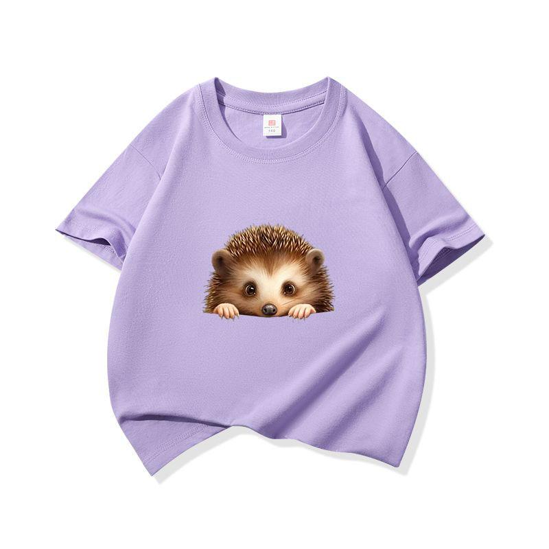 Kids Cotton T Shirt Cute Peeking Hedgehog Print Crew Neck Short Sleeve Tee Casual Breathable Boys Girls Summer Tops