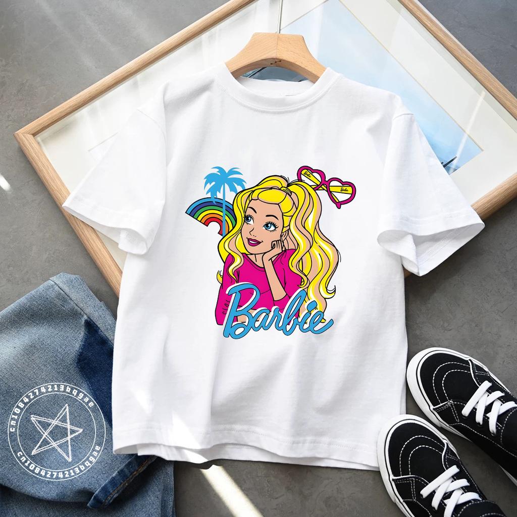 2025 Kawaii Barbie Kinder Kurzarm Anime Cartoon Mädchen Jungen Rundhals T-Shirt Weich Allround Y2K Kinderkleidung Streetwear