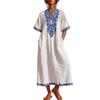 Women V Neck Ethnic Style Embroidered Short Sleeve Maxi Dress Bohemian Loose Fit Kaftan Dress Multi Color