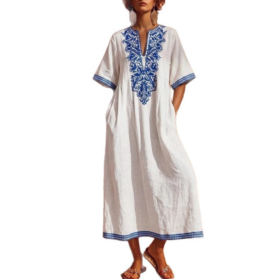 Women V Neck Ethnic Style Embroidered Short Sleeve Maxi Dress Bohemian Loose Fit Kaftan Dress Multi Color