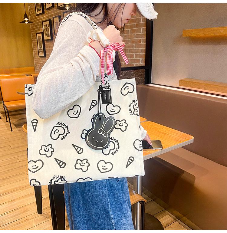 Cute Cartoon Canvas Shoulder Bag - Large Capacity, Fashionable & Versatile Heart Tote for Women
