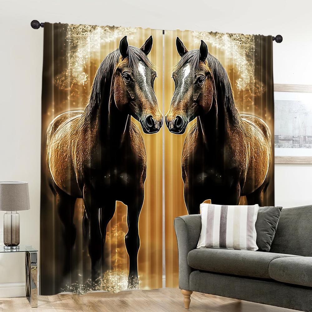 Set Of 2 Artistic Flat Printing Curtain Dual Horses Golden Image Versatile Durable Polyester Without Electricity Birthday Party Made