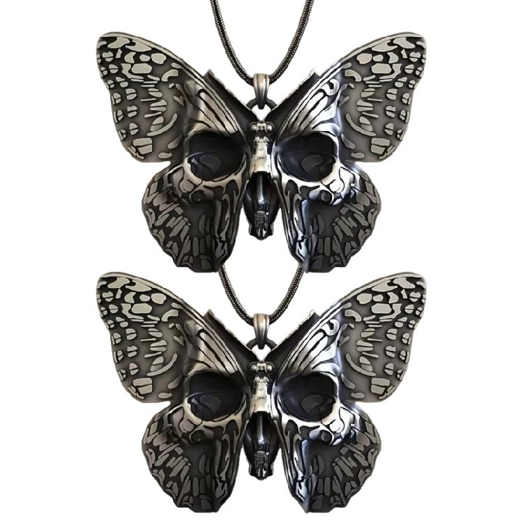 Edgy Zinc Alloy Pendant Necklace Showcasing Gothic Skull Butterfly Charm Neckchain For Layering Outfits