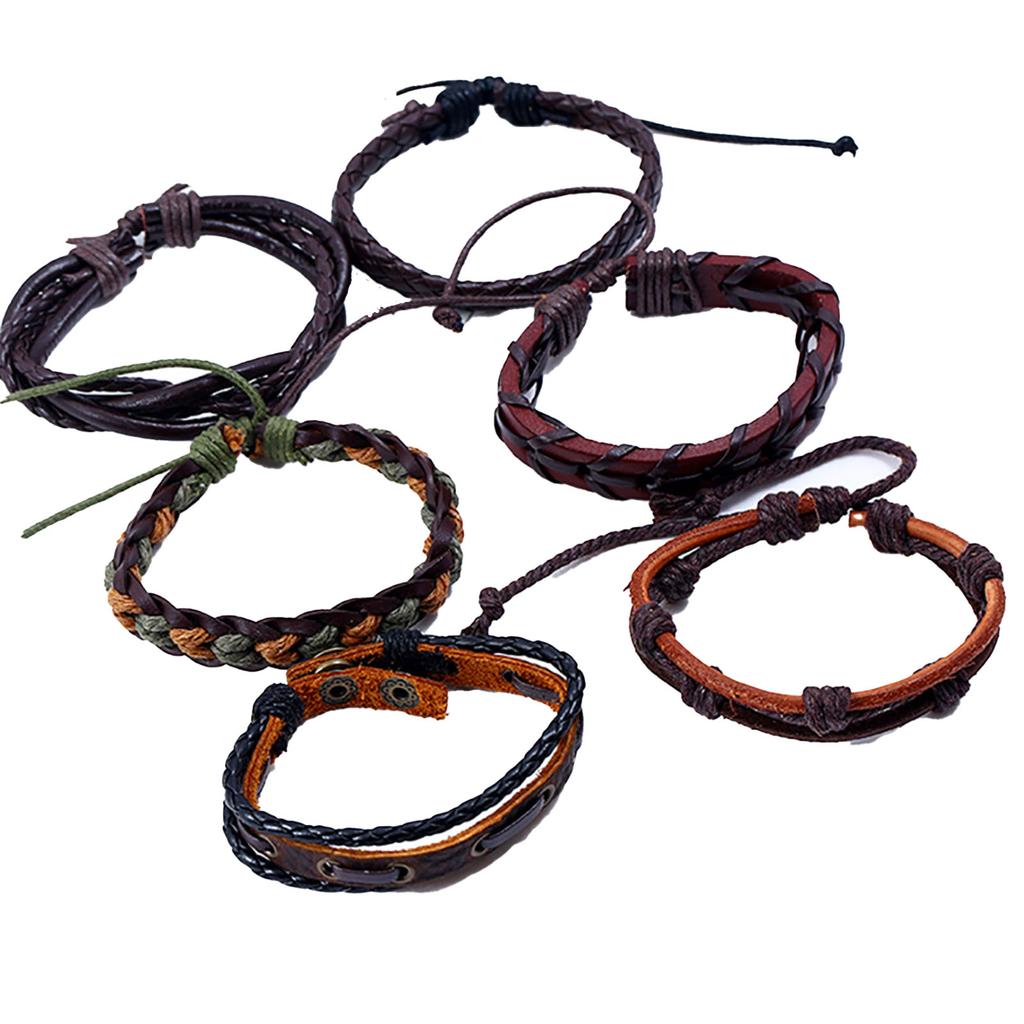 6 Pièces Bracelet en Cuir DIY Tressé à la Main Vintage Multi-Couches Enroulé pour Homme Femme