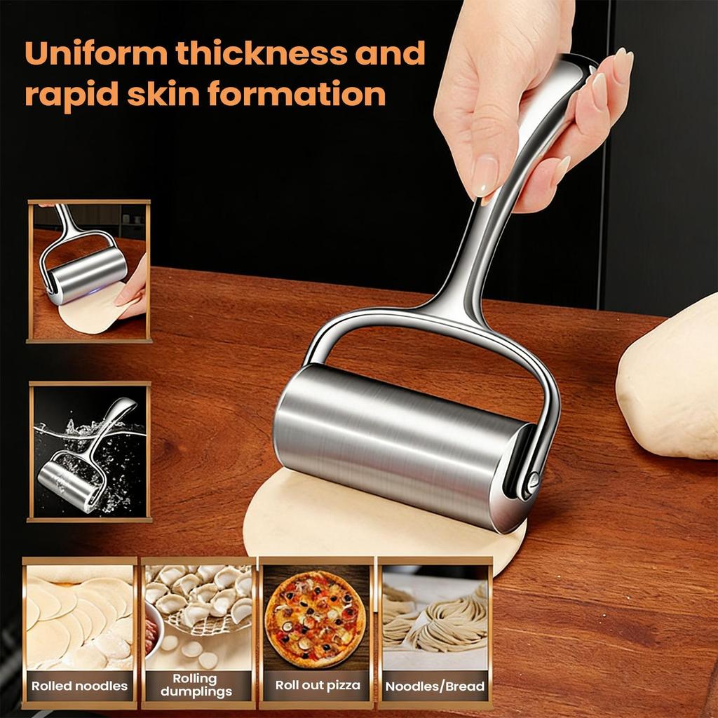 Stainless Steel Rolling Pin Heavy Duty Nonstick Kitchen Utensil Ergonomic Handle Pizza Dumpling Pastry Fondant Roller