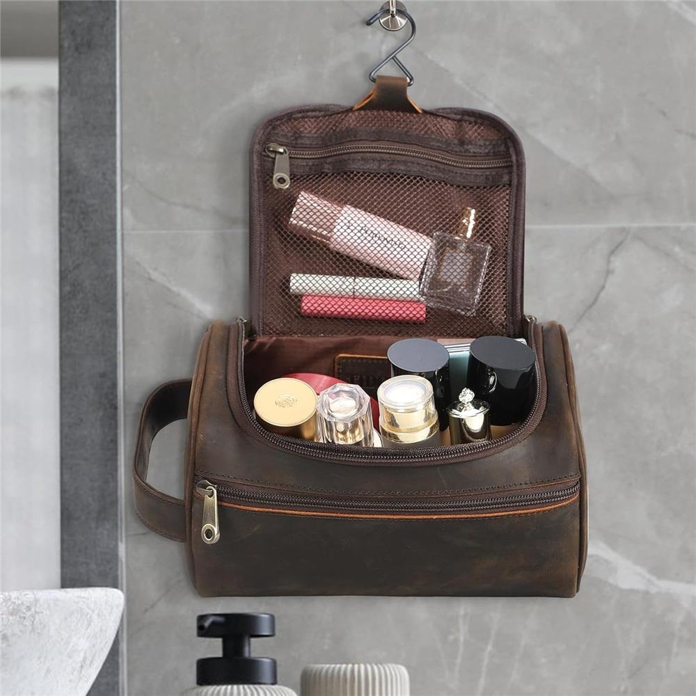 Men's Leather Hanging Toiletry Bag, Travel Shaving Kit, Portable Cosmetics Storage Bag, Toiletry Case