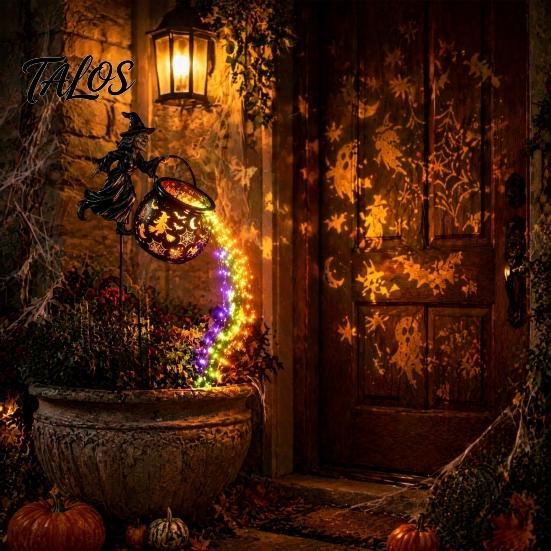 Glowing Yard Art for Halloween Witch Cauldron Light, Flying Silhouette Garden Stake with Colorful Metal Decor LED, Spooky Outdoor Decorative