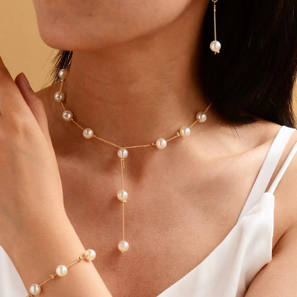 Fashion Sweet Elegant Pearl Simple Temperament Necklace Earrings Bracelet Set