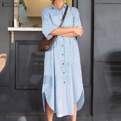 Women Turn Down Collar Long Sleeve Loose Stripe Dress
