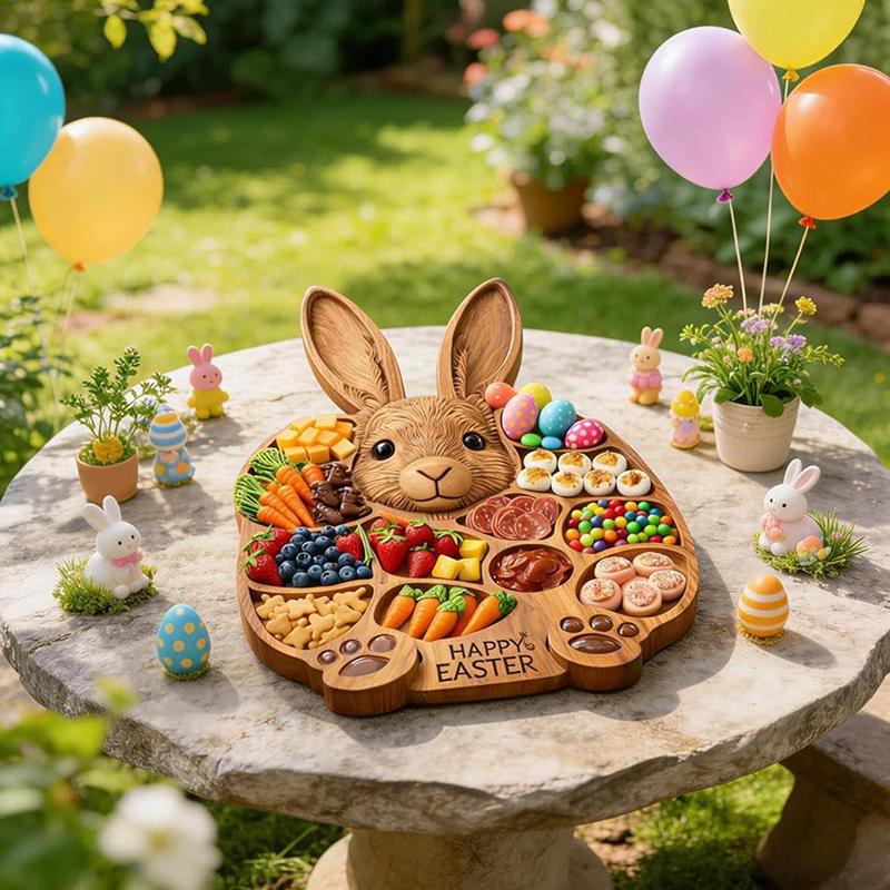 2026 Easter Bunny Rabbit-Shaped Wooden Charcuterie Board Cute Rabbit-Delhi Board with Compartments for Serving Snacks