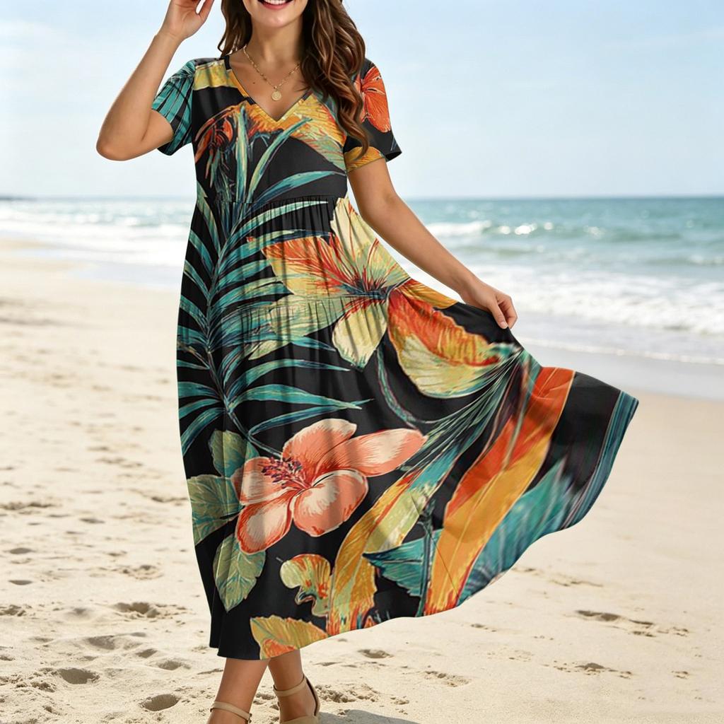 Frauen Casual Lose Bohemian Blumenkleid Kurzarm Lange Maxi Sommer Strand Swing Kleid