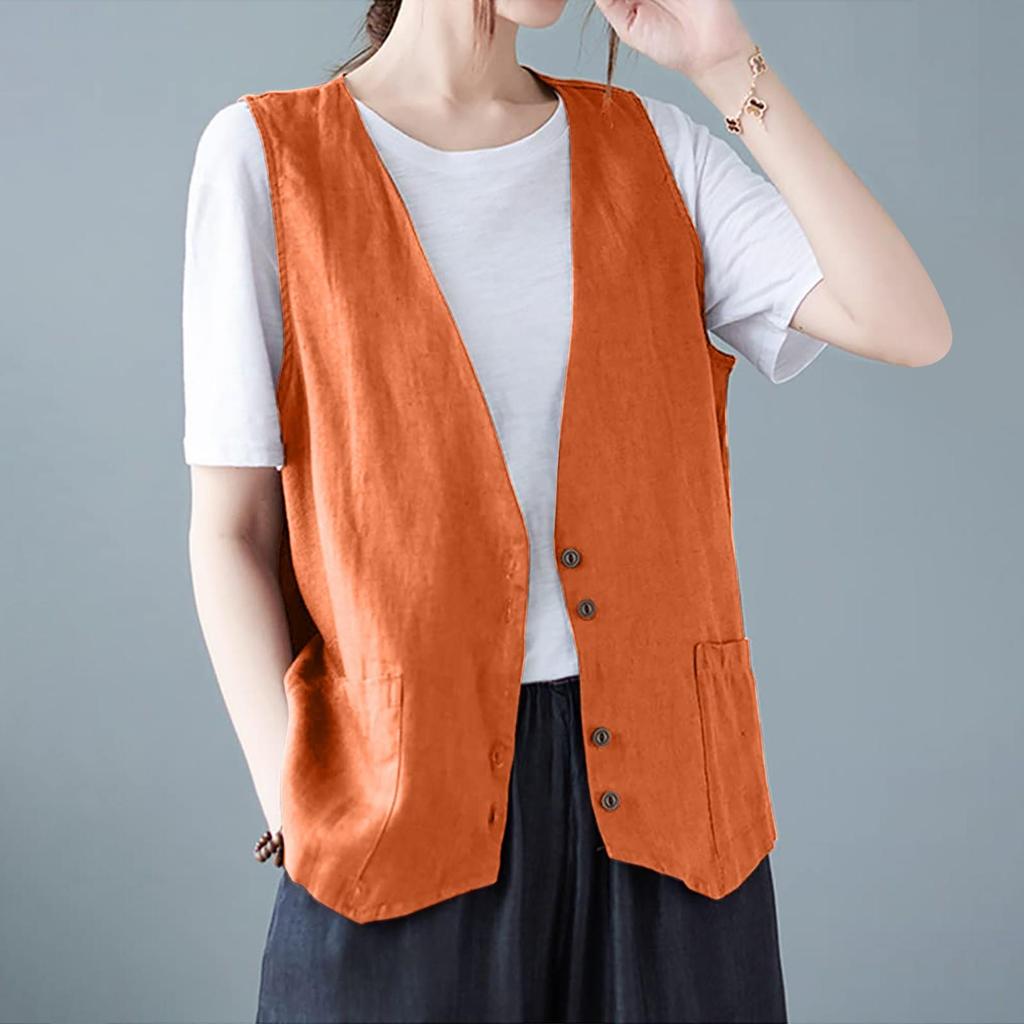 Women's Sleeveless Cotton Linen Vest Button Down V Neck Waistcoat Jacket