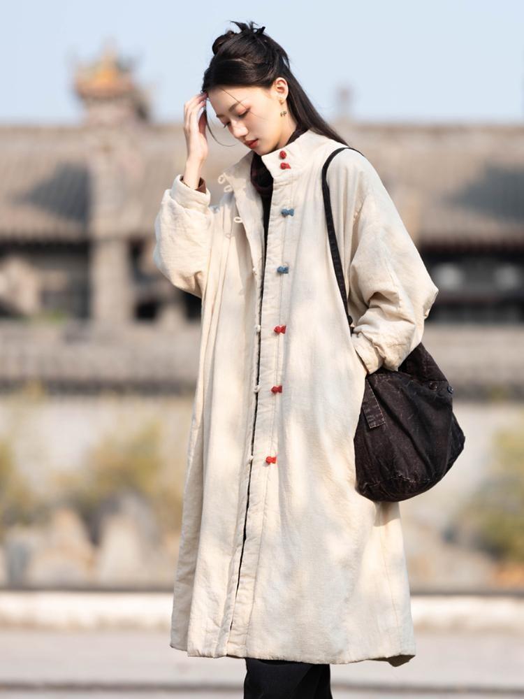 Damskie Parki Zimowe Vintage Styl Chiński Jednolity Kolor Guziki Ciepłe Płaszcze Duże Rozmiary Bawełniane Płaszcze