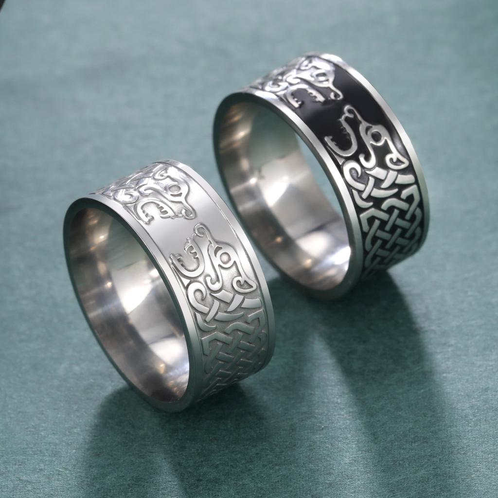 LIKGREAT Viking Nordic Mythology Giant Wolf Ring for Men Stainless Steel Celtics Knot Finger Ring Hip Hop Rock Punk Jewelry Gift